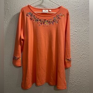 Quaker Factory Orange/Colored Floral Embroidery‎ 3/4 Sleeve Blouse##89A